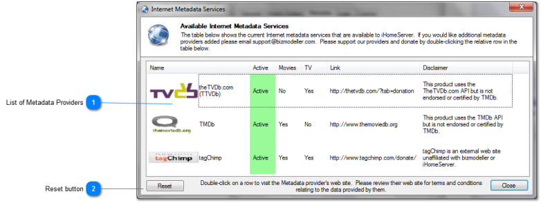 Internet Metadata Services window
